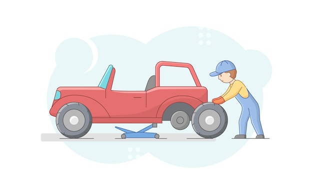 Vector mechanic in uniform is changing tires on retro vehicle using tools and car lift