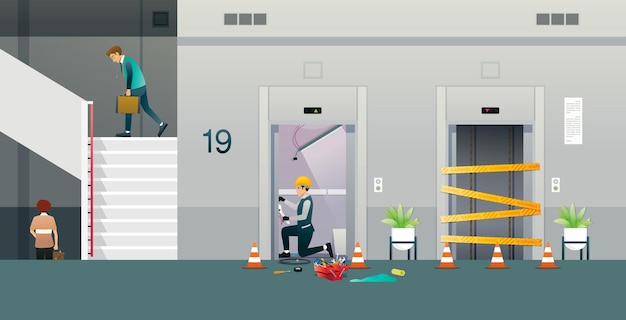 the mechanic was repairing the elevator and the staff had to walk up and down the stairs