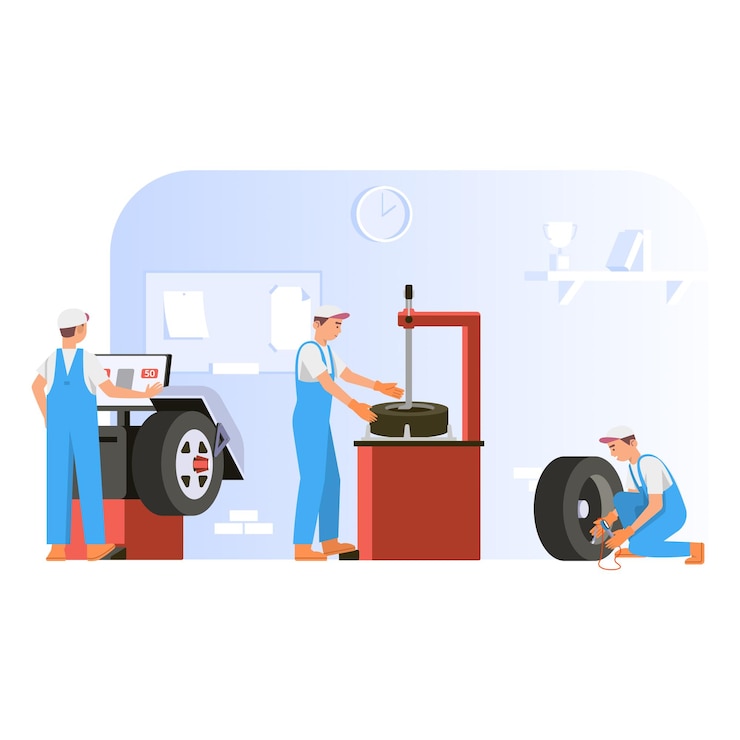 Vector mechanic with car tire tool in flat design