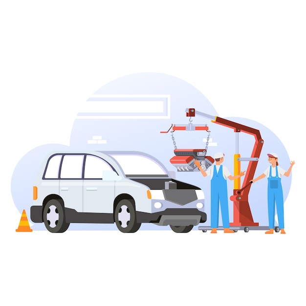 mechanic with engine lifter in flat design