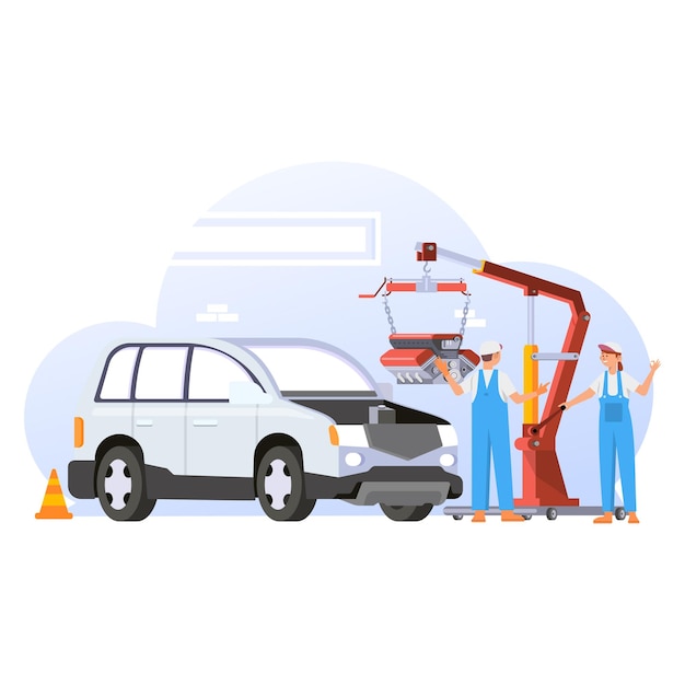 Mechanic with engine lifter in flat design