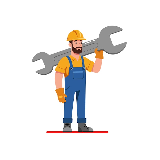 Mechanic with Huge Wrench Cartoon Illustratie