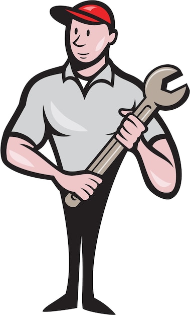 Mechanic Worker Standing Carrying Spanner Cartoon