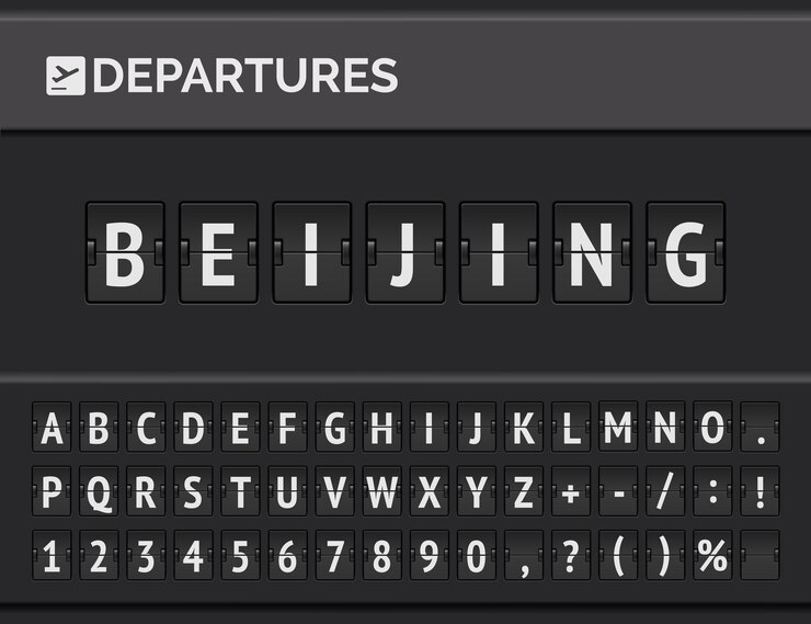 Vector mechanical airport flip board font displays flight info of departure destination in china: beijing with timetable icon.