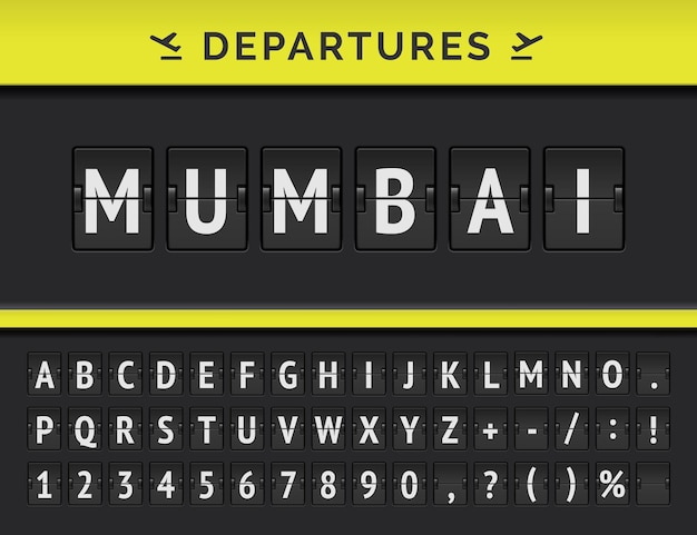 Vector mechanical airport flip board font with flight info of departure destination in india: mumbai with airline icon.