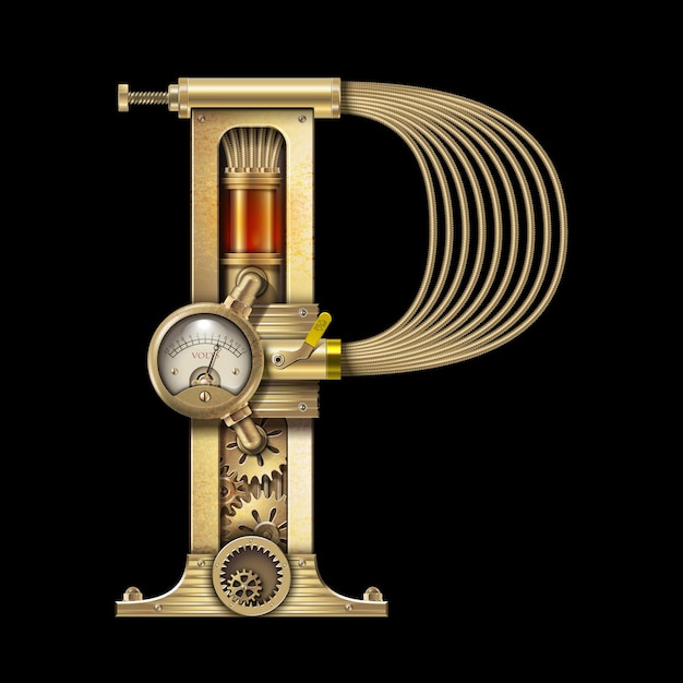 Вектор Механический алфавит шестерен и металлических элементов прописная буква p векторная иллюстрация premium vecto