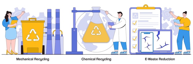 人のキャラクターによる機械的および化学的リサイクルの廃棄物削減の概念産業廃棄物管理イラストパック再利用のための処理ごみ処理と利用の比喩