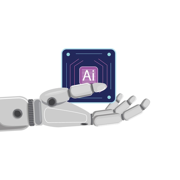 コンピューティング技術の進歩を象徴するAIラベル付きの機械腕のマイクロチップ