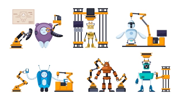 Mechanical arms creating robots vector illustrations set