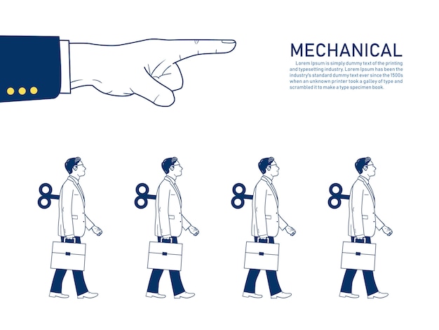 Mechanical businessman walk straight controlled by big hand. text template