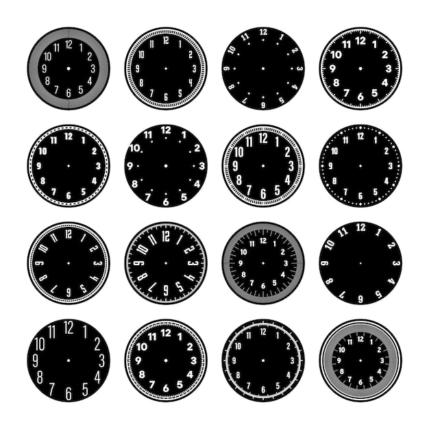 Vector mechanical clock faces watch dial with numerals bezel timer or stopwatch element with minute hour