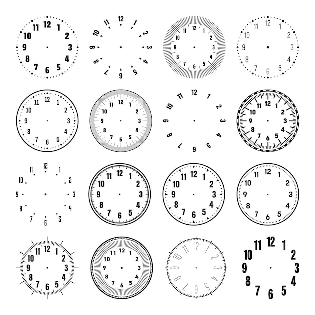 Vector mechanical clock faces with arabic numerals bezel watch dial with minute hour marks and numbers