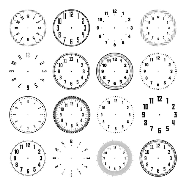 Vector mechanical clock faces with arabic numerals bezel watch dial with minute hour marks and numbers