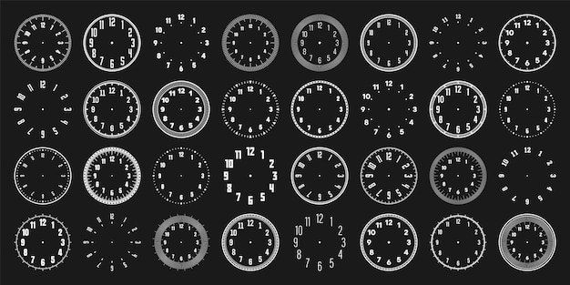 ベクトル アラビア数字のベゼルを持つ機械時計の面白い時計のダイヤルに分時のマークと数字がある タイマーまたはストップウォッチの要素 空の測定円のスケールと分割ベクトルイラスト