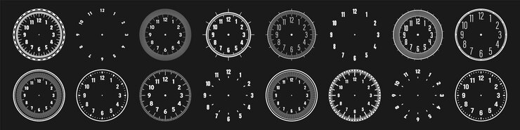 Vector mechanical clock faces with arabic numerals bezel white watch dial with minute hour marks and