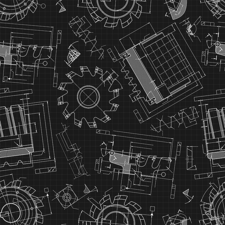 Vector mechanical engineering drawings on black background cutting tools milling cutter technical design cover blueprint seamless pattern vector illustration