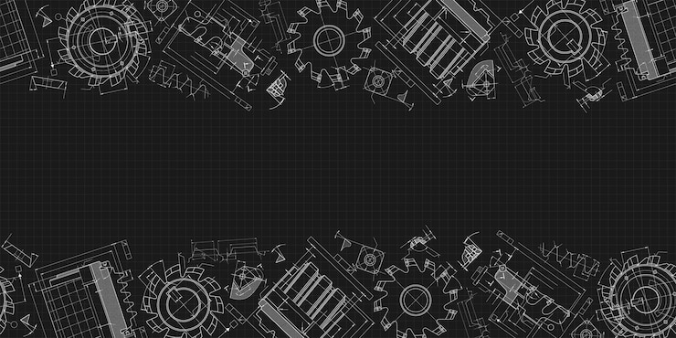 Vector mechanical engineering drawings on black background cutting tools milling cutter technical design cover blueprint seamless pattern vector illustration