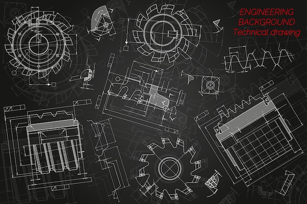 Mechanical engineering drawings on black background. Cutting tools, milling cutter. Technical Design. Cover. Blueprint. Vector illustration.