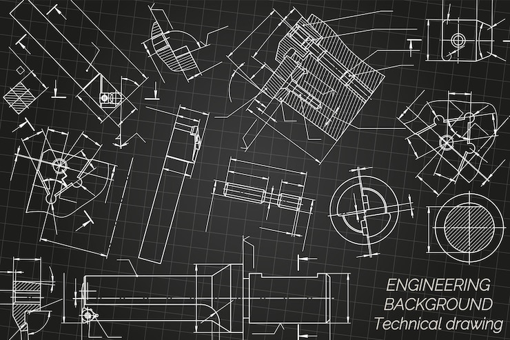 Vector mechanical engineering drawings on black background tap tools borer cutting tools milling cutter technical design cover blueprint vector illustration