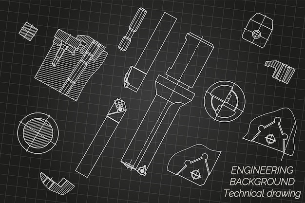 Mechanical engineering drawings on black background Tap tools borer cutting tools milling cutter Technical Design Cover Blueprint Vector illustration