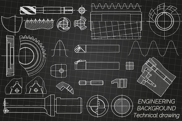 Vector mechanical engineering drawings on black background tap tools borer cutting tools milling cutter technical design cover blueprint vector illustration