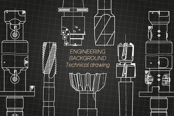 Vector mechanical engineering drawings on black background tap tools borer technical design cover blueprint vector illustration