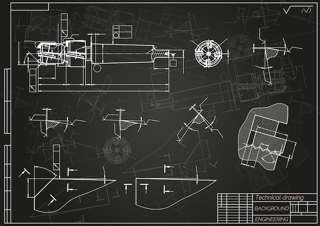 Mechanical engineering drawings on black background Tap tools borer Technical Design Cover Blueprint Vector illustration