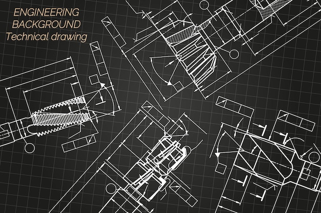 Mechanical engineering drawings on black background tap tools borer technical design cover blueprint vector illustration