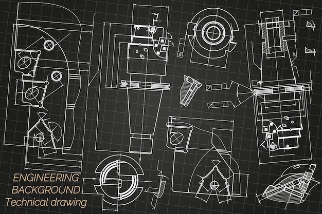 검은 바탕에 기계 공학 도면  ⁇ 프 도구 보러 기술 디자인 커버 블루프린트