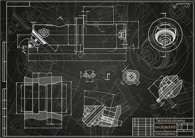 Mechanical engineering drawings on blue background Boring bar with micrometric adjustment Technical Design Cover Blueprint Vector illustration