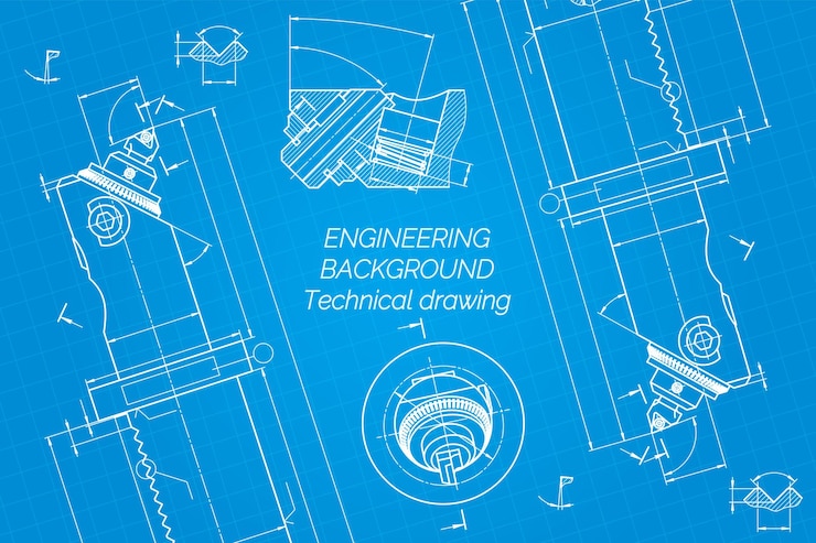 Vector mechanical engineering drawings on blue background boring bar with micrometric adjustment technical ...