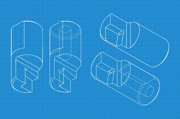 Mechanical engineering drawings on blue background cutter assembly tool with replaceable multifaceted plate technical design cover blueprint vector illustration