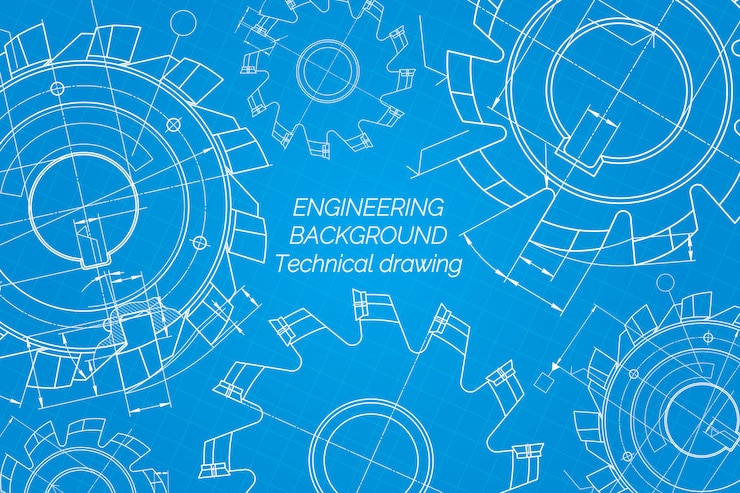 Vector mechanical engineering drawings on blue background. cutting tools, milling cutter. technical design. blueprint. vector illustration