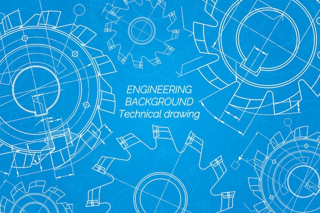 青い背景の切削工具フライス盤の機械工学図面技術設計カバー...