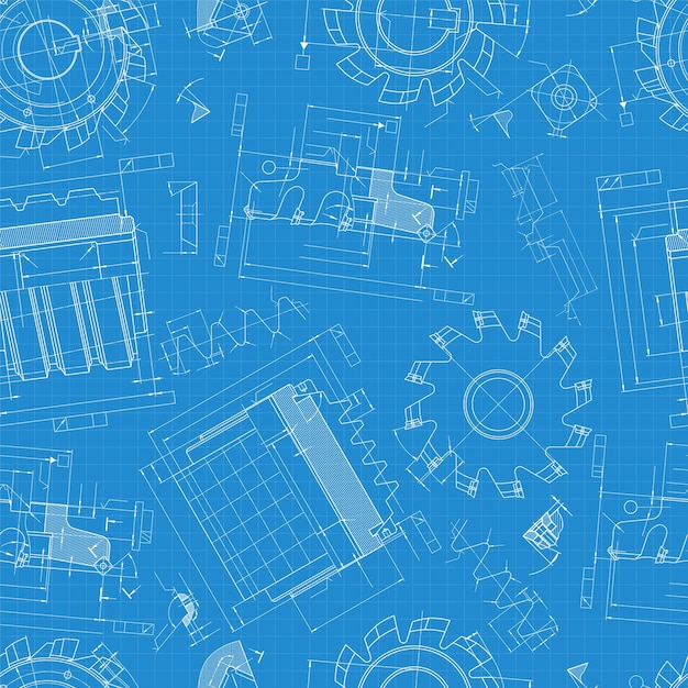 Машиностроительные чертежи на синем фоне Режущие инструменты фрезерный кутер Технический дизайн Обложка План бесшовного узора Векторная иллюстрация