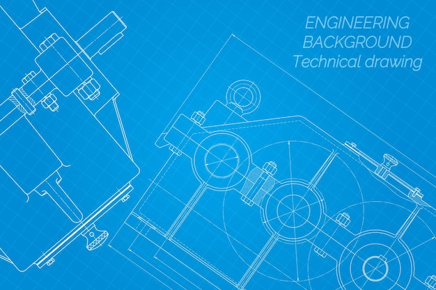 Vettore disegni di ingegneria meccanica su sfondo blu reducer design tecnico copertina blueprint illustrazione vettoriale