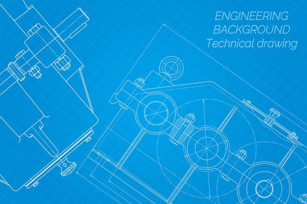 Mechanical engineering drawings on blue background reducer technical design cover blueprint vector illustration