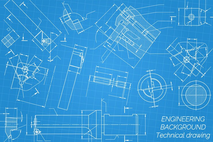 Vector mechanical engineering drawings on blue background tap tools borer cutting tools milling cutter technical design cover blueprint vector illustration