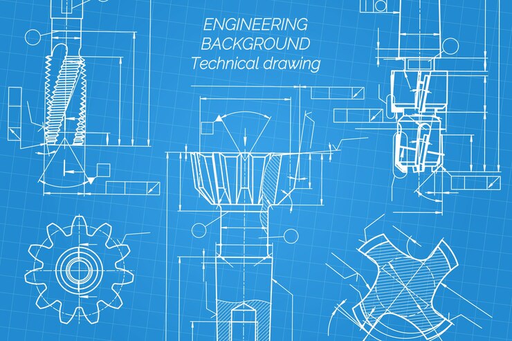 Vector mechanical engineering drawings on blue background tap tools borer technical design cover blueprint vector illustration