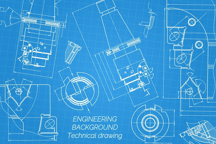 Vector mechanical engineering drawings on blue background tap tools borer technical design cover blueprint vector illustration