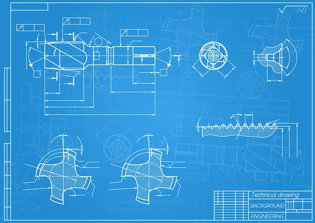 Vector mechanical engineering drawings on blue background tap tools borer technical design cover blueprint vector illustration