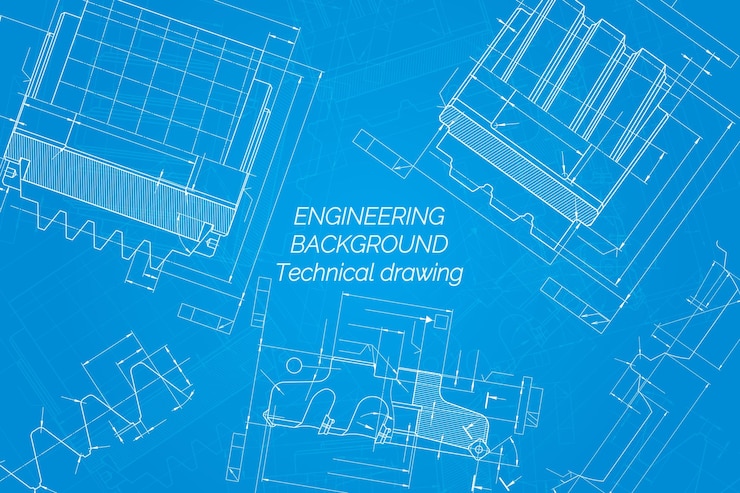 Vector mechanical engineering drawings on blue background