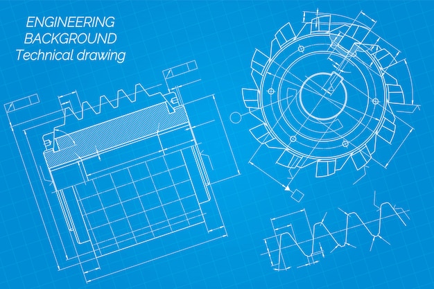 Mechanical engineering drawings on blue 