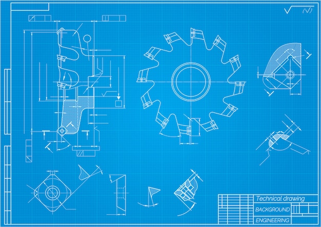 Disegni di ingegneria meccanica. utensili da taglio, fresa. disegno tecnico