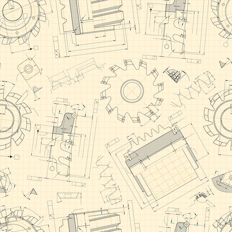 Vector mechanical engineering drawings on light background cutting tools milling cutter technical design cover blueprint seamless pattern vector illustration