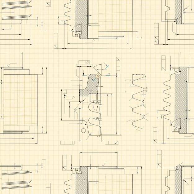Vector mechanical engineering drawings on light background cutting tools milling cutter technical design cover blueprint seamless pattern vector illustration