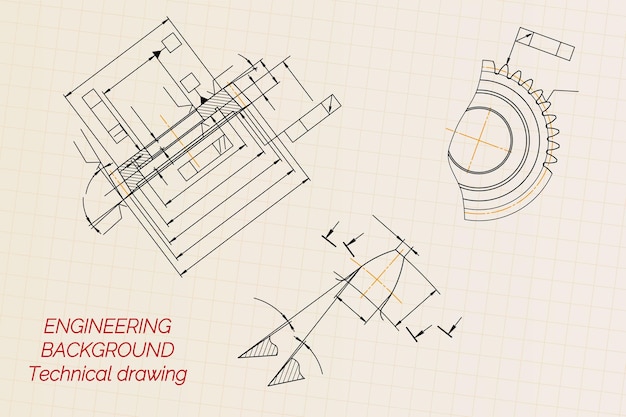 Mechanical engineering drawings on light background gear cutting tool technical design cover blueprint vector illustration