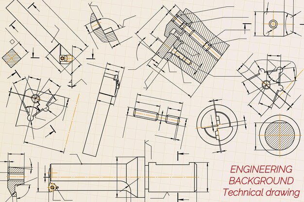 Disegni di ingegneria meccanica su sfondo chiaro strumenti di rubinetto foratore strumenti di taglio frenaio tagliatore disegno tecnico copertina progetto illustrazione vettoriale