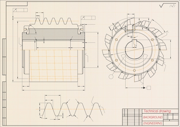 ベージュのテクニカルペーパーの背景に機械工学の図面。切削工具、フライス。工業用。青写真。