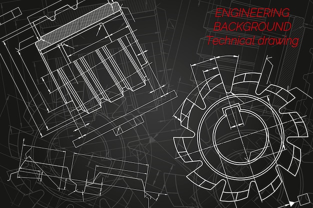黒の背景切削工具フライス盤の機械設計図テクニカルデザイン...
